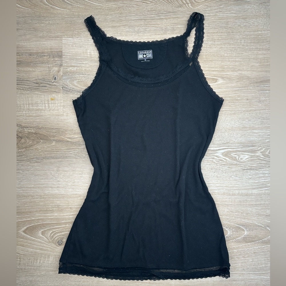 Vintage Converse Fitted Black Cami Polka Dot Lace Detail Elena Gilbert Y2K